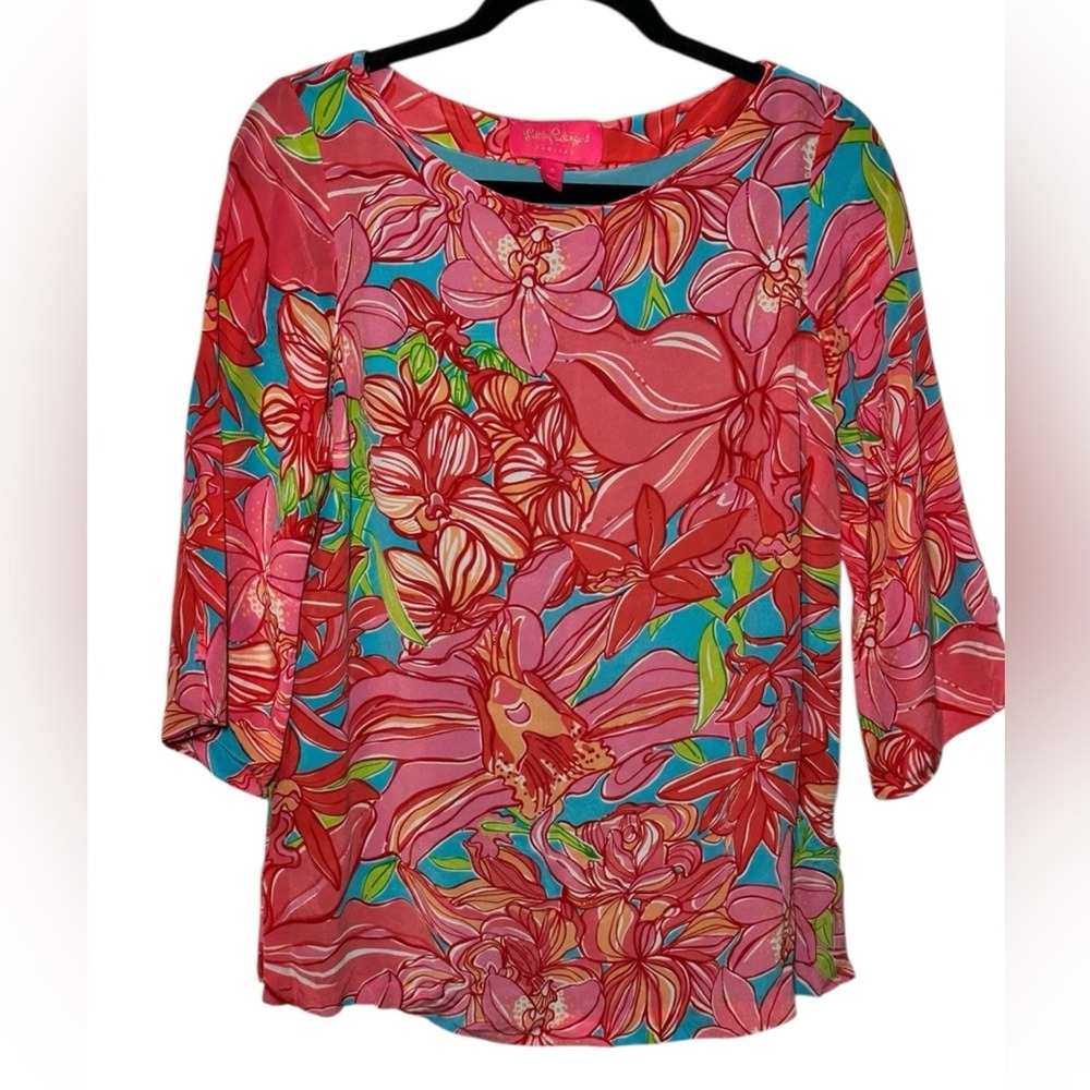 Lilly Pulitzer Elsa Top 100% Silk Pink Blue Floral Orchid 3/4 Sleeve Blouse S